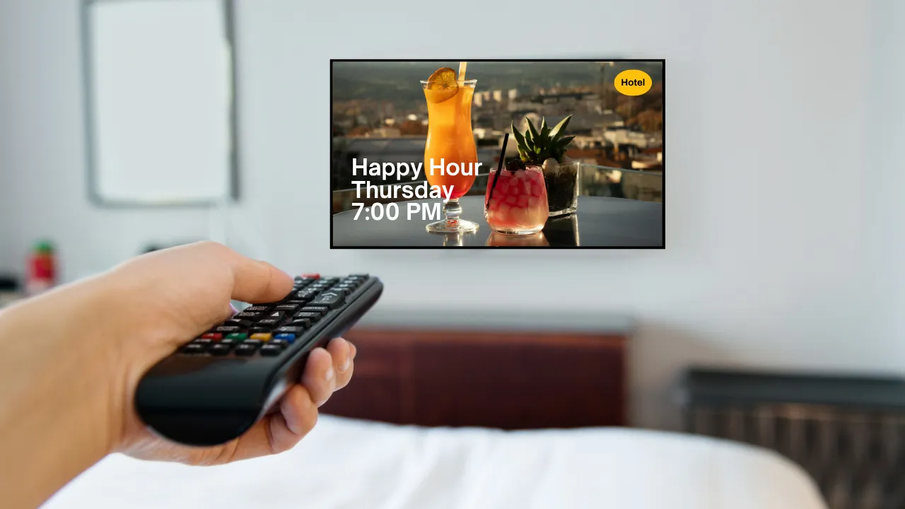 Hotel television screen promoting a happy hour to the guest in the room