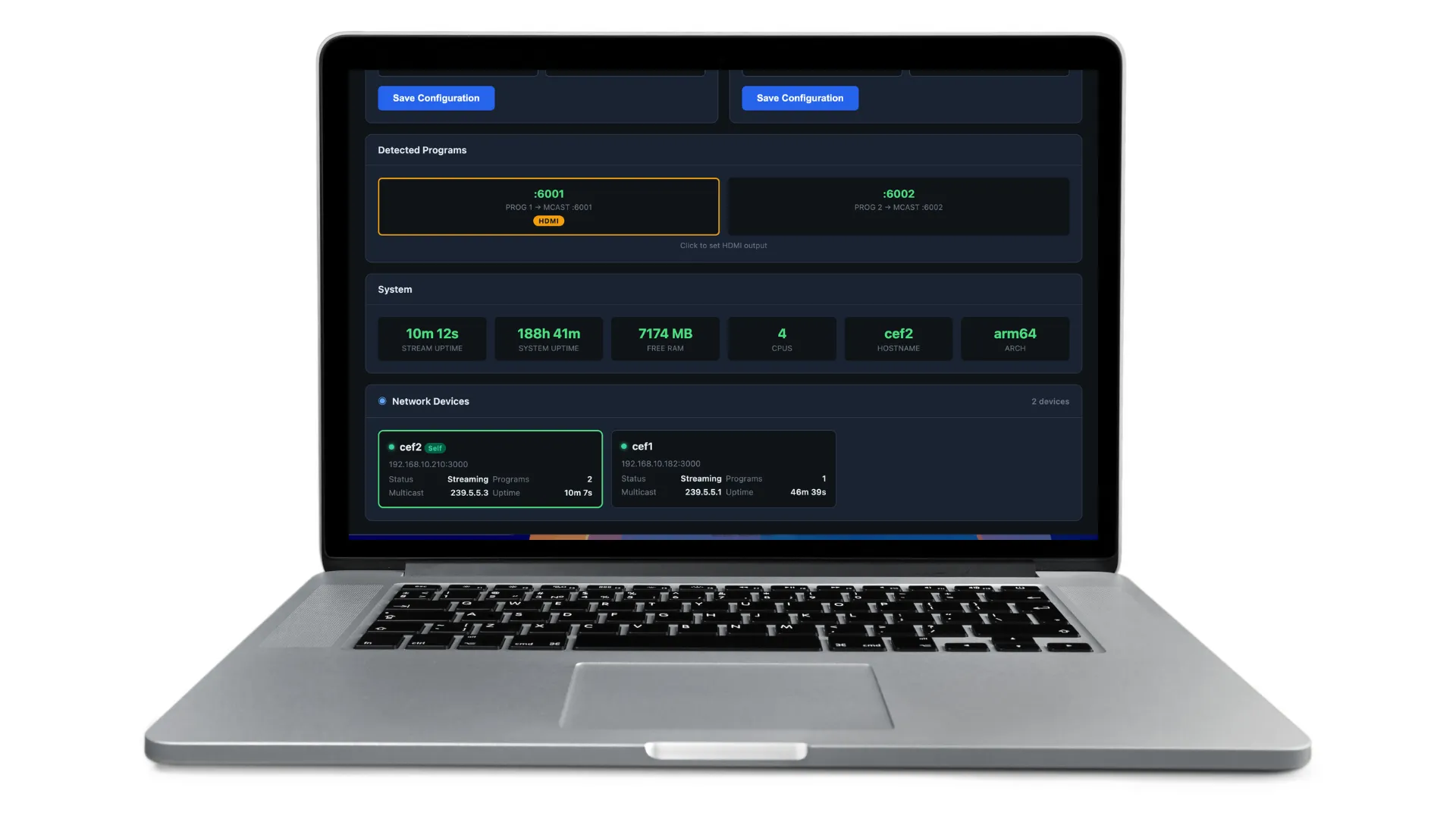 SRT Gateway cloud control panel listing configured streams and their status