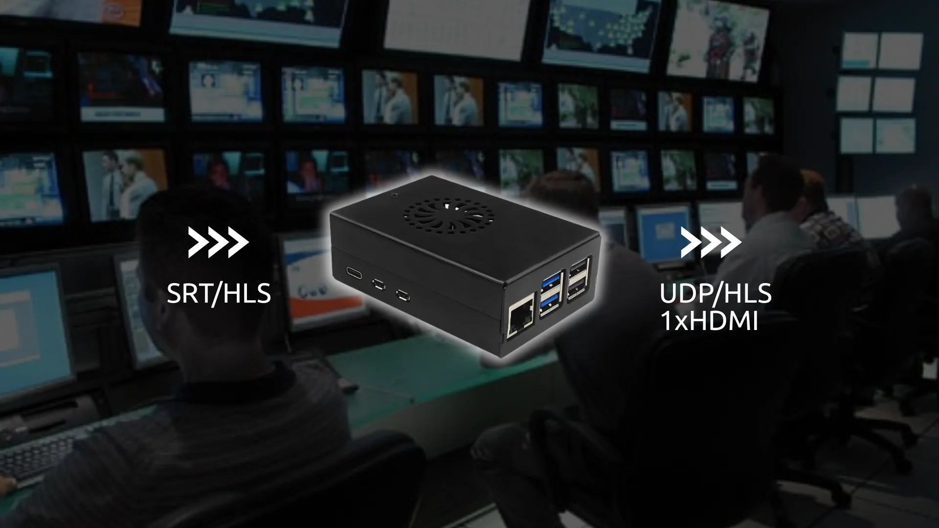CEF signal gateway hardware receiving SRT and HLS and delivering UDP and HDMI output in a broadcast control room